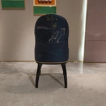 Yellow Velvet Dining Chair with Chinese Embroidered Back & Gold Stainless Steel Accents